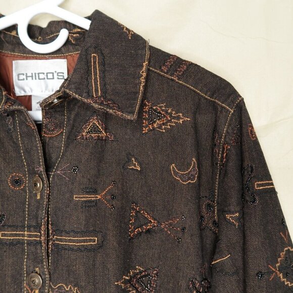 Chico’s Brown Denim Jean Jacket Anniversary Collection Silk Lined Women's Medium - Picture 3 of 13